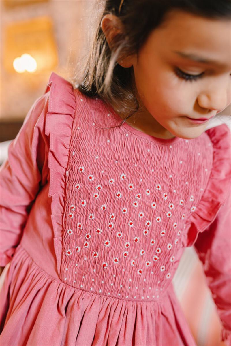Angele Pink Corduroy Frills Smocked Dress