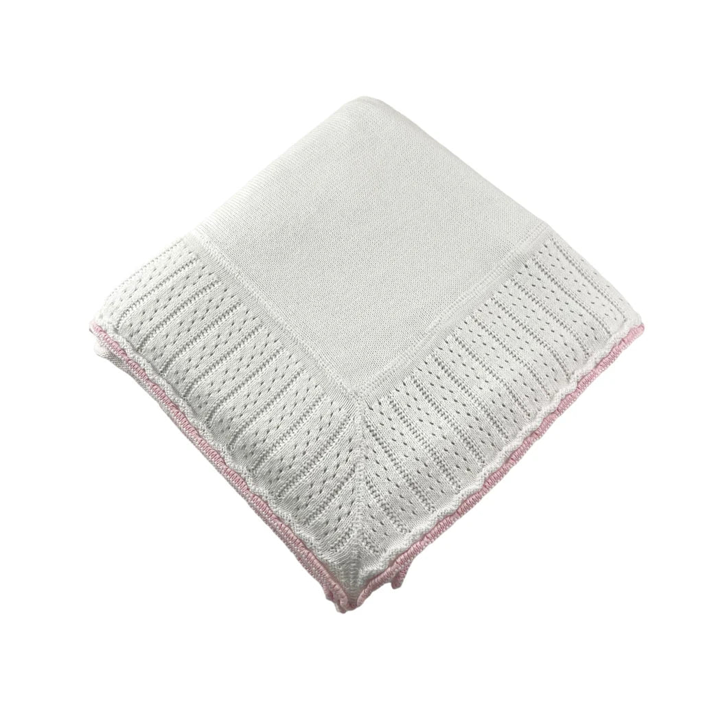 Cotton Jersey Baby Blanket with Knitted Color- Tipped Pointelle Border White/Pink