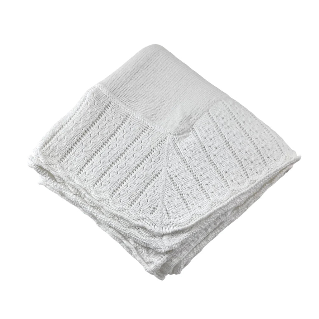 Cotton Jersey Baby Blanket with Knitted Color- Tipped Pointelle Border White/White