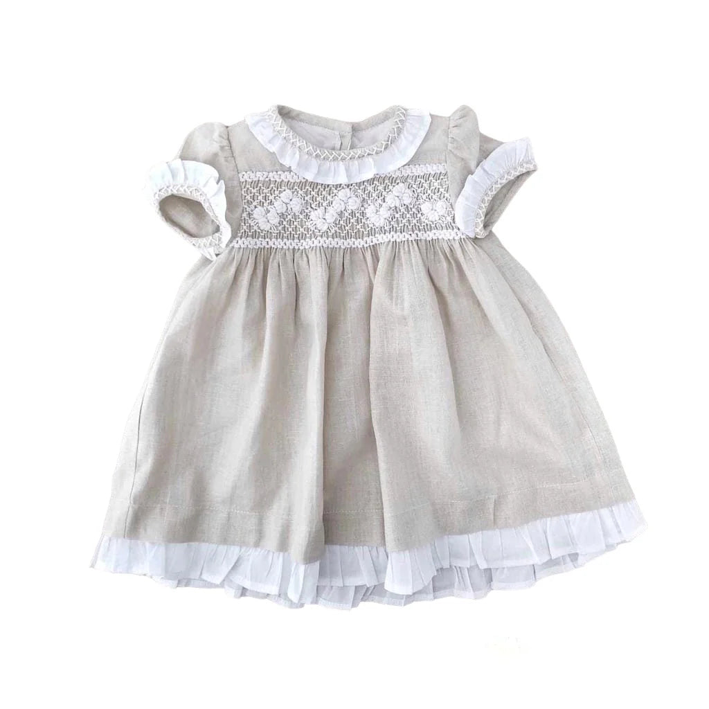 Federica Linen Smocked Dress - Cafe Au Lait