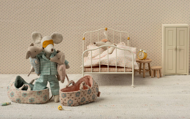 Maileg Baby Mouse In Carry Cot- Blue
