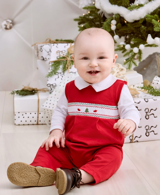 Holiday Medley Hand Smocked Christmas Tree Overall Set