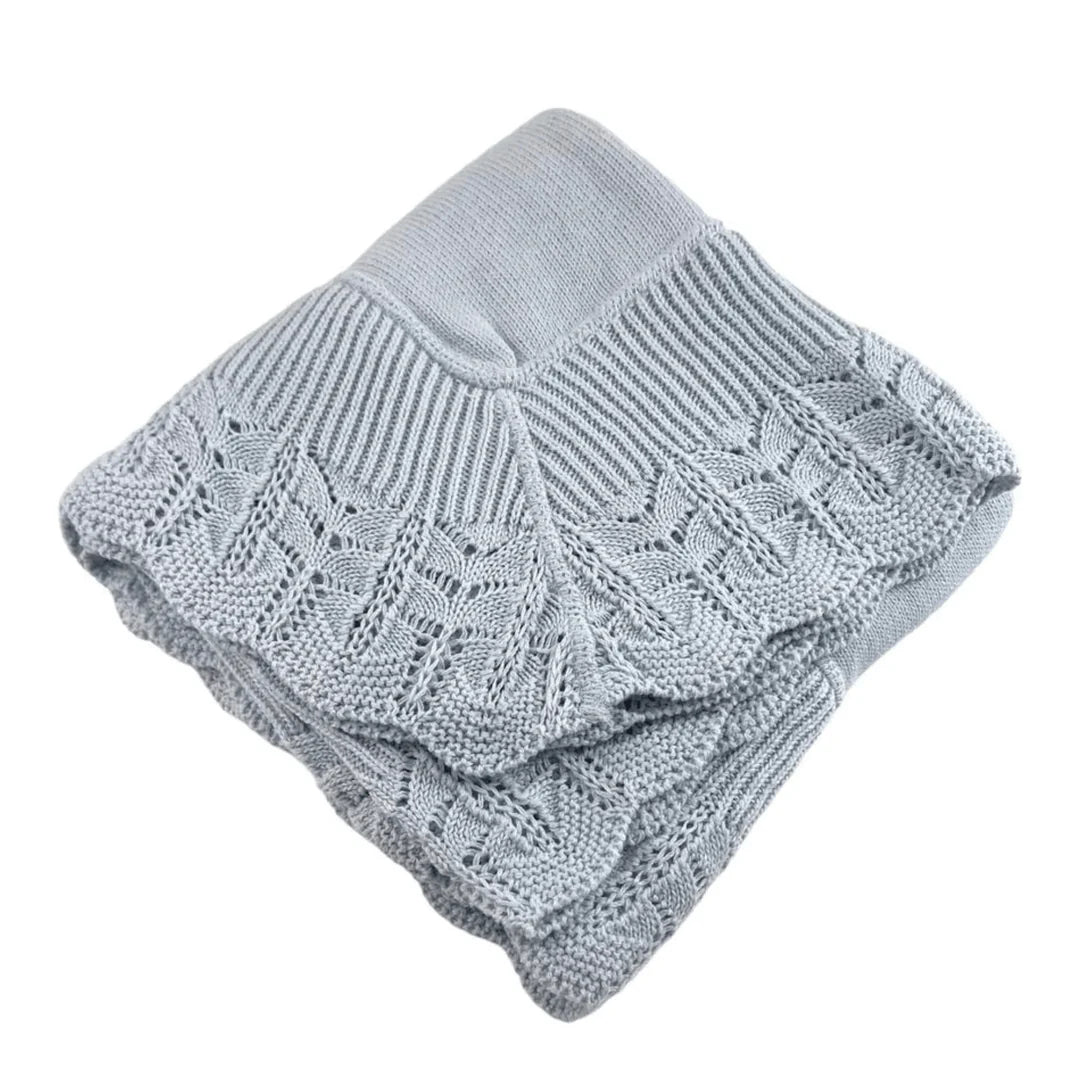 Cotton Jersey Baby Blanket with Knitted Scallop Lace Border- Blue