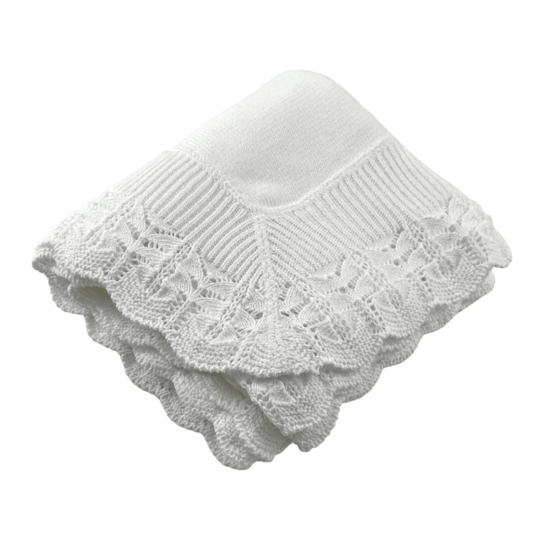 Cotton Jersey Baby Blanket with Knitted Scallop Lace Border- White
