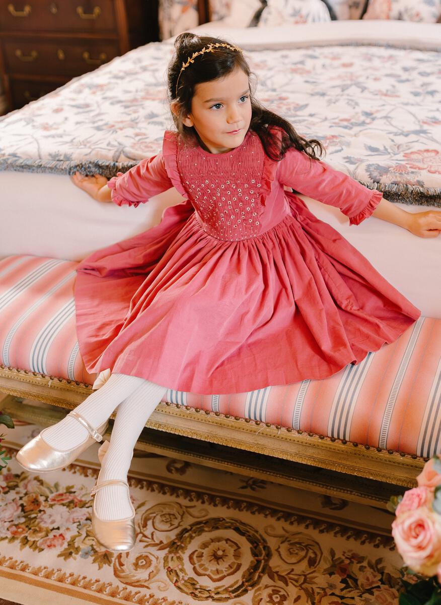 Angele Pink Corduroy Frills Smocked Dress