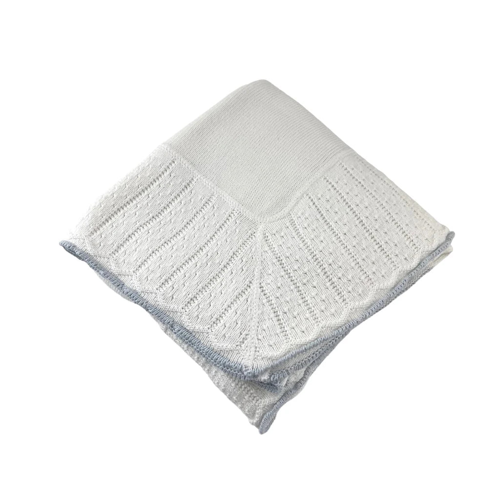 Cotton Jersey Baby Blanket with Knitted Color-Tipped Pointelle Border White/Blue