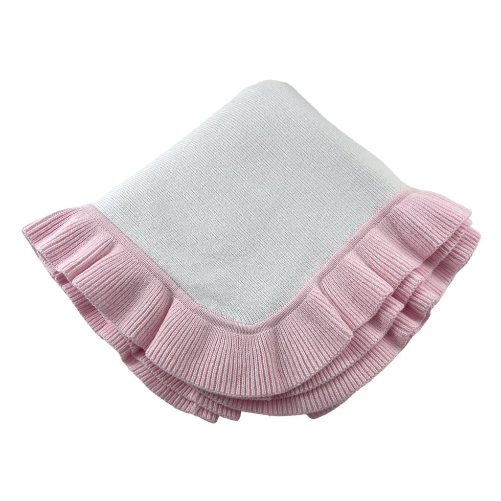 Knitted Blanket with Ruffle Edge 36"X36" White with Pink