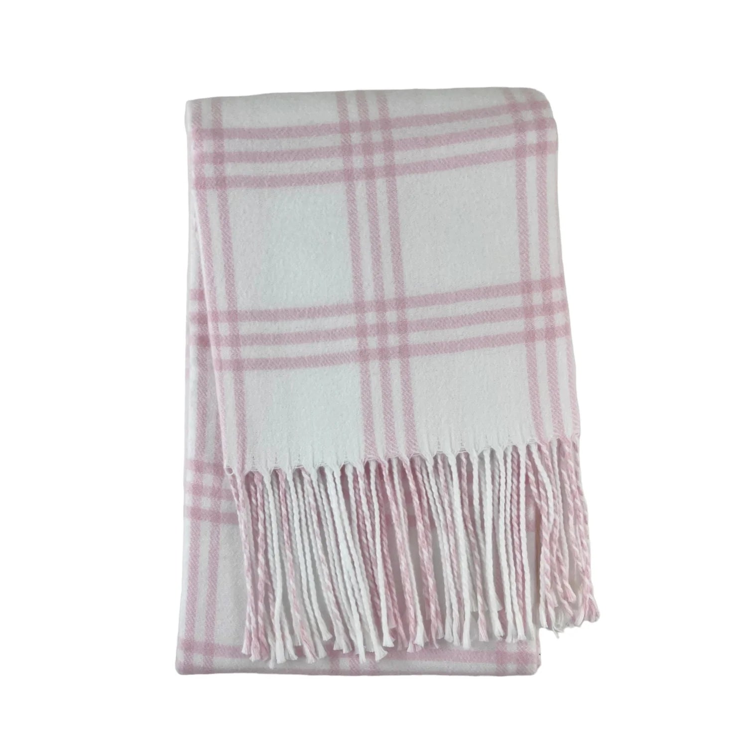 Window Pane Check Flannel with Fringe White with Pink