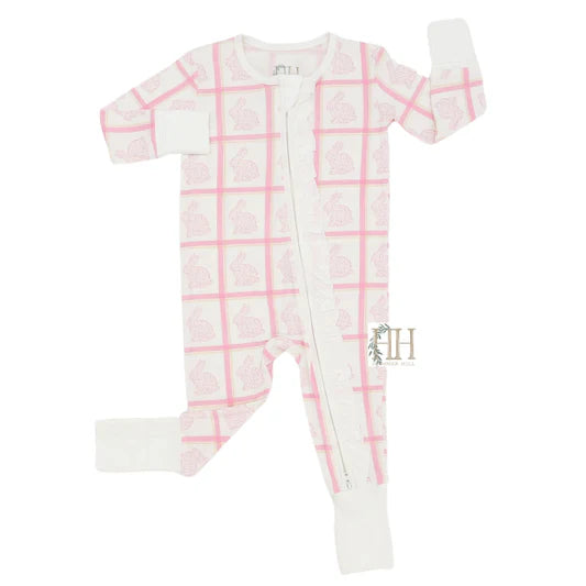 Girls Pink Check Bunny Ruffle Double Zipper Romper