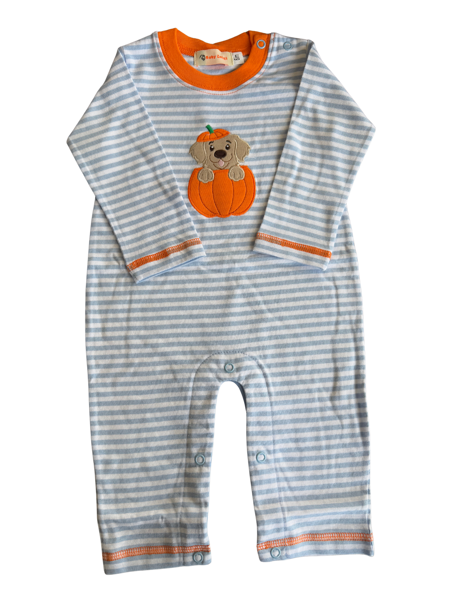 Boys Sky Blue and White Striped LS Romper - Lab with Pumpkin