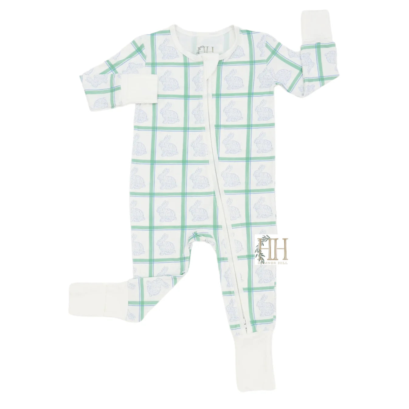 Boys Green Check Bunny Double Zipper Romper