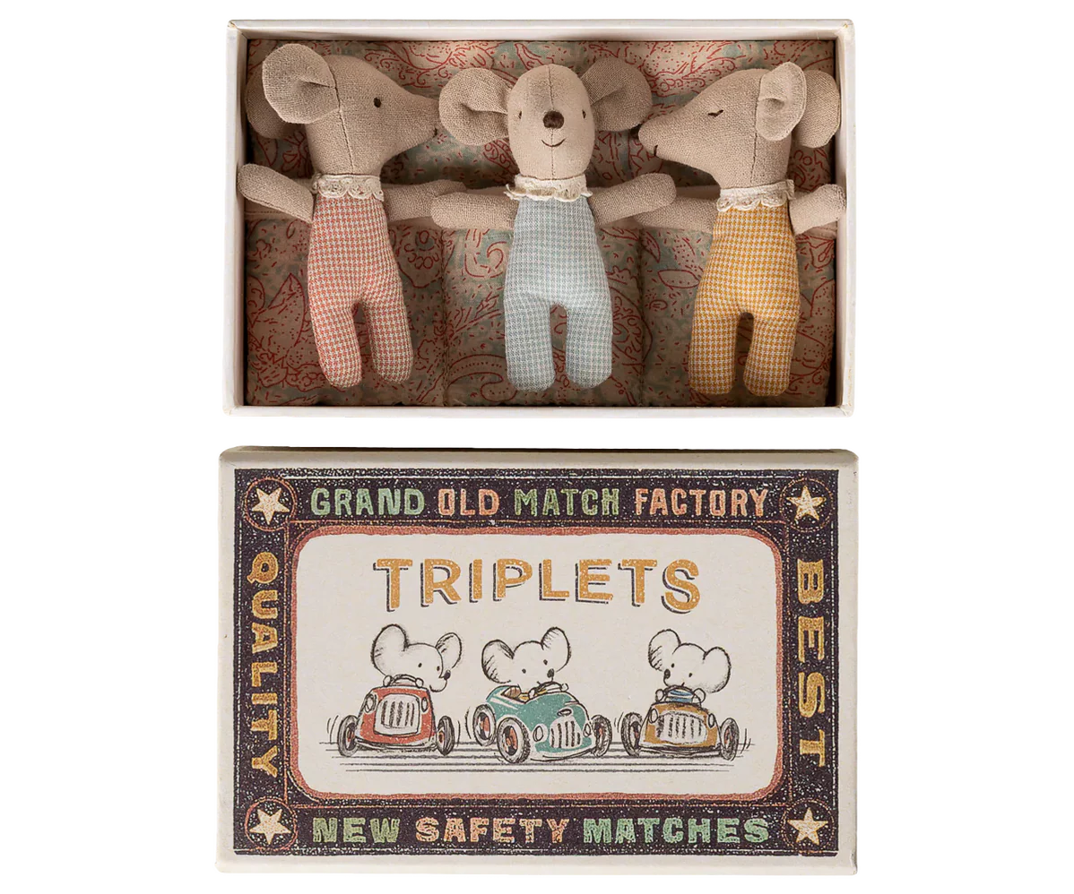 Maileg Triplets,Baby Mice In Matchbox- Checker