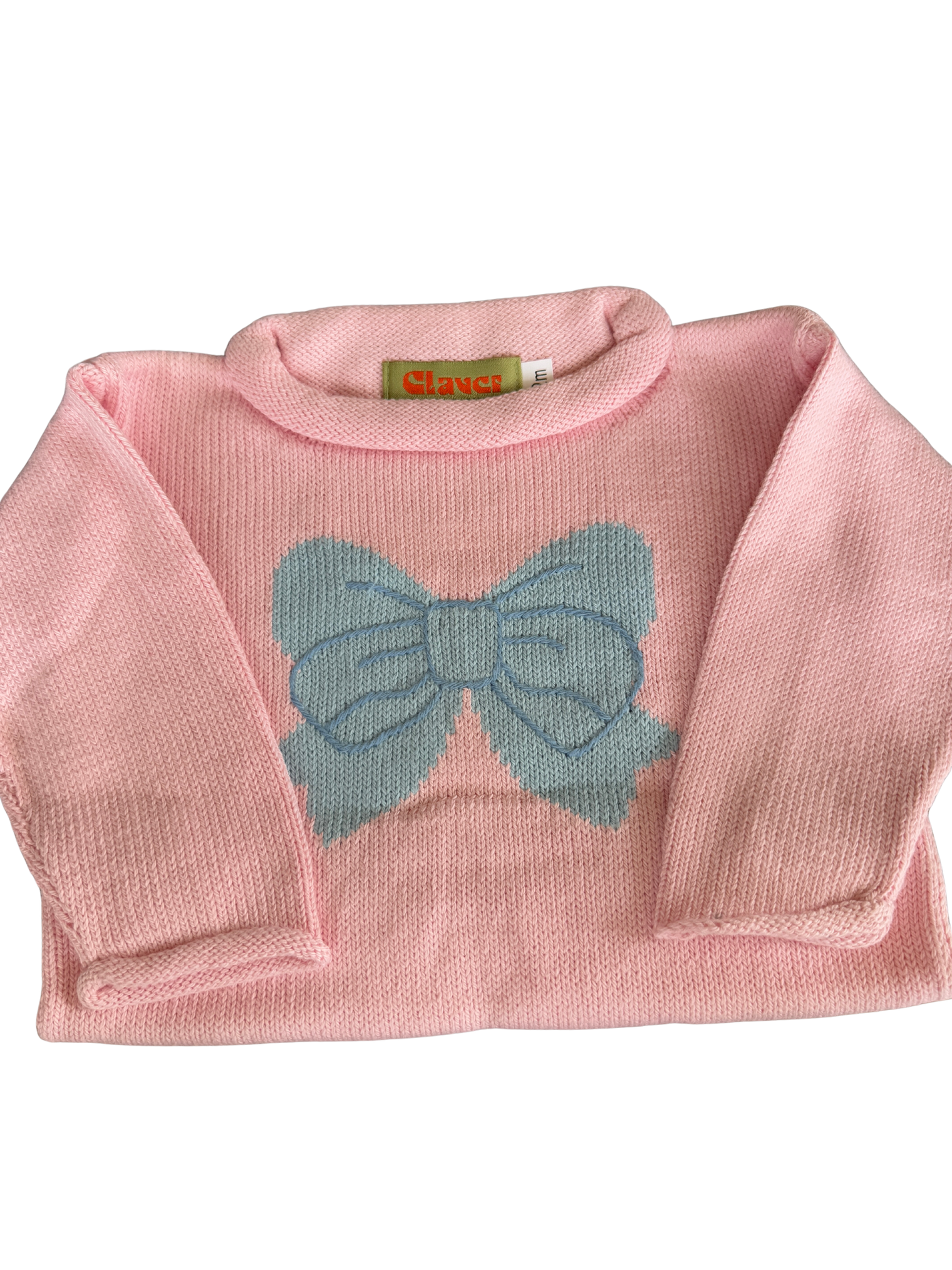 Girls Light Pink Roll Neck Sweater - Large Bow