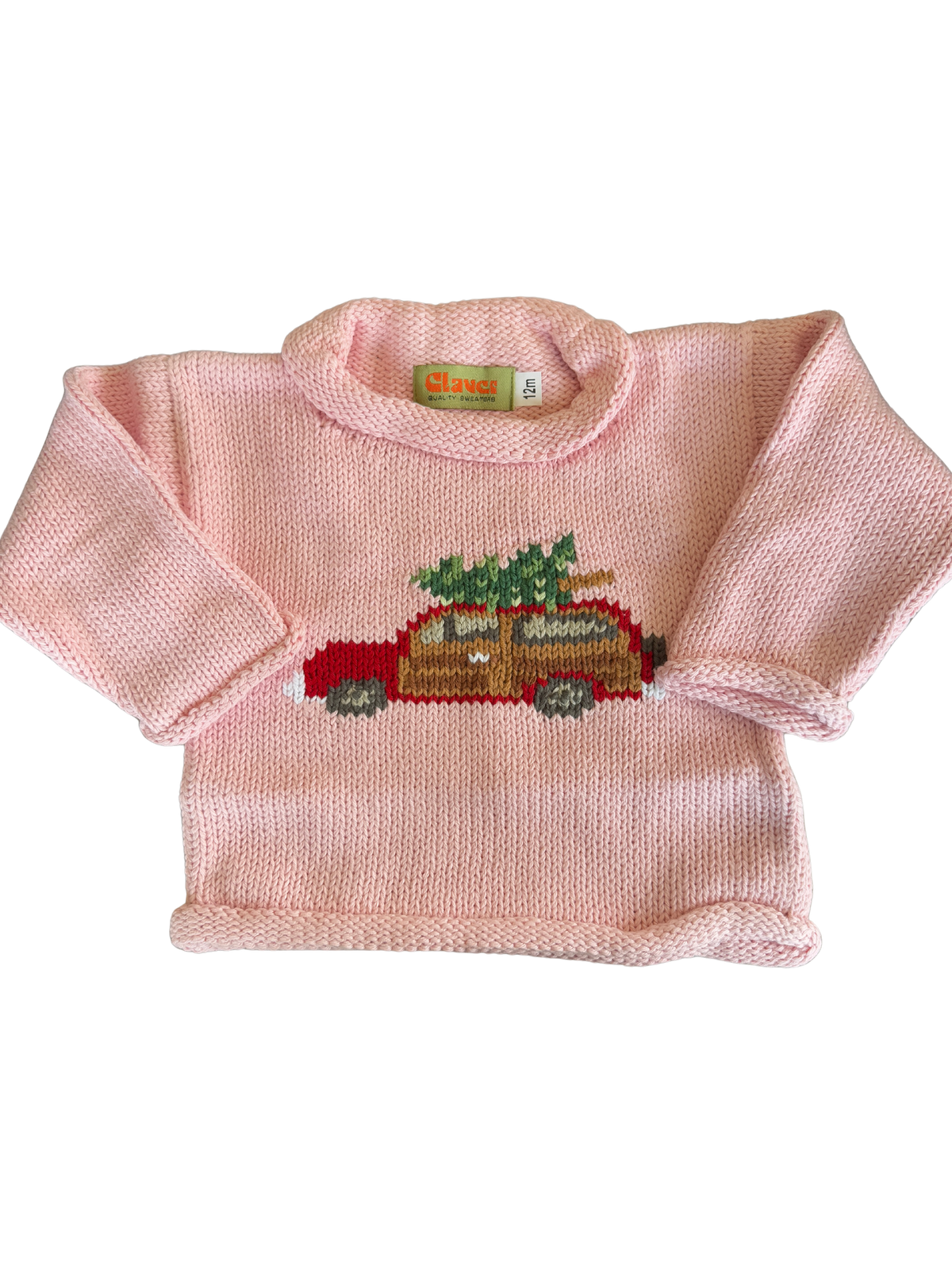 Girls Light Pink Roll Neck Sweater - Woody with Tree on Top