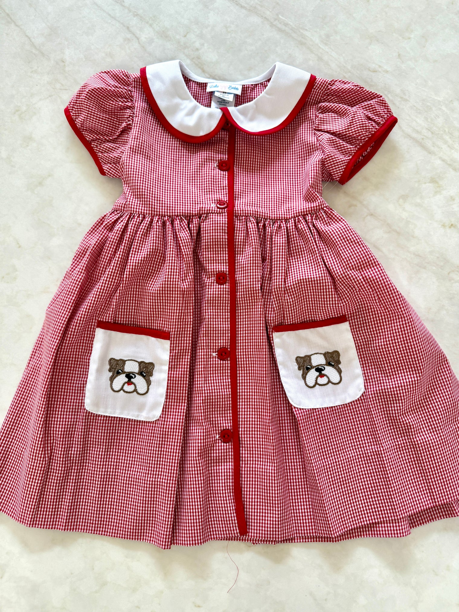 Bulldog Embroidered Button Down Pocket Dress