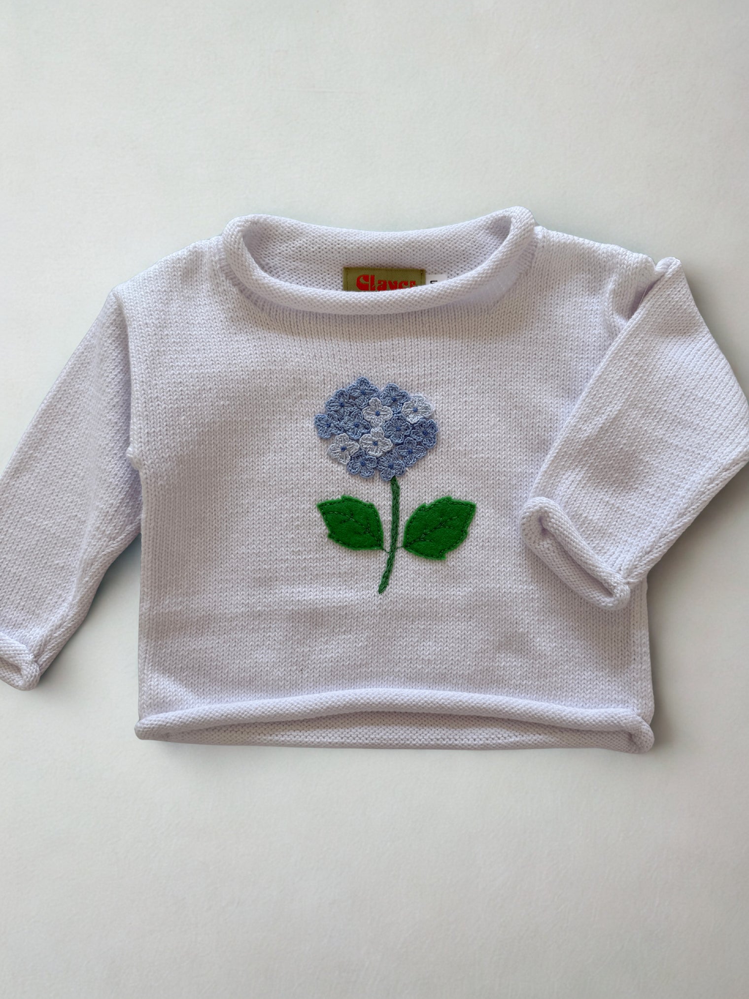 White Roll Neck Sweater-Blue Hydrangea