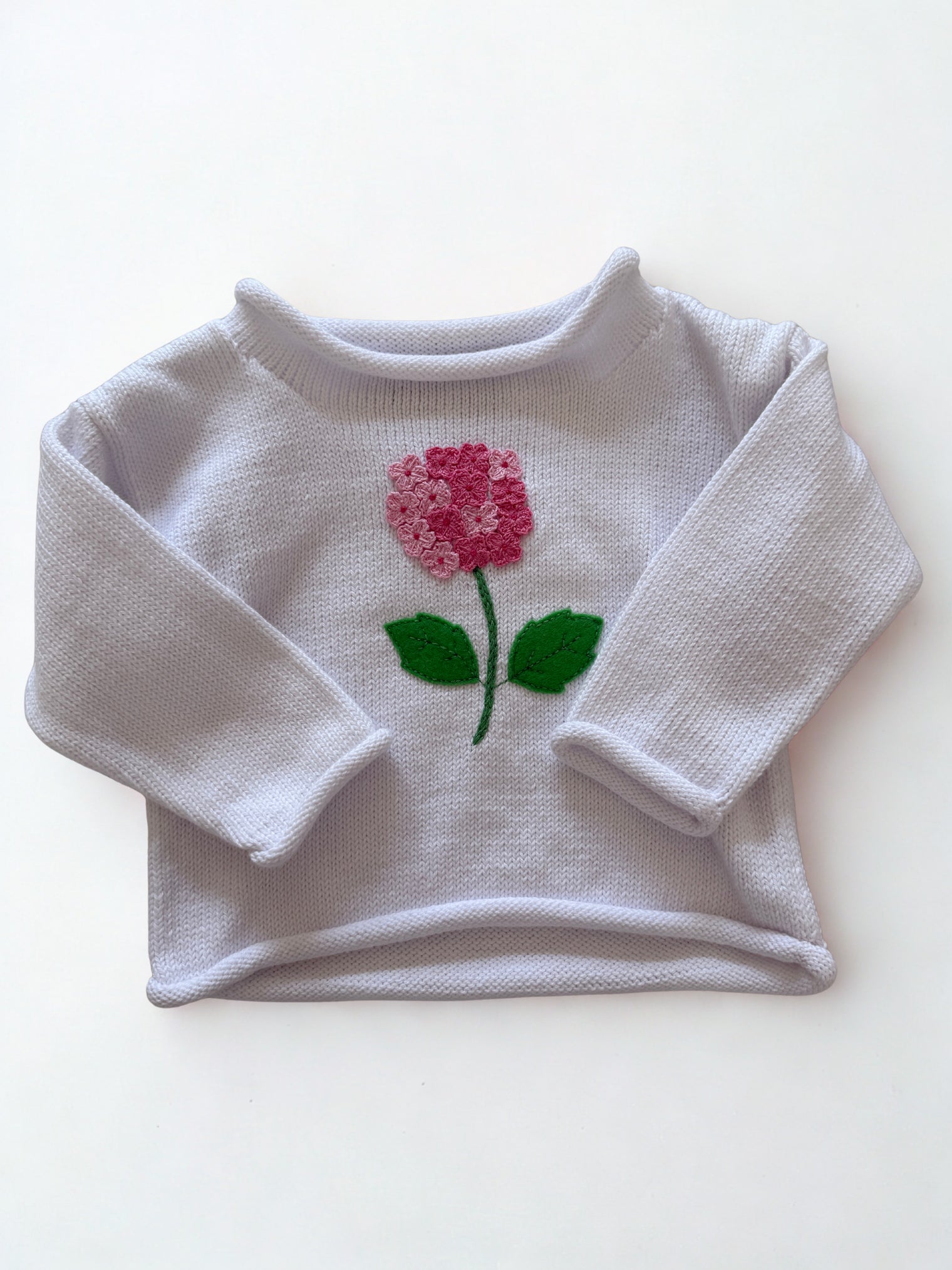 White Roll Neck Sweater- Pink Hydrangea