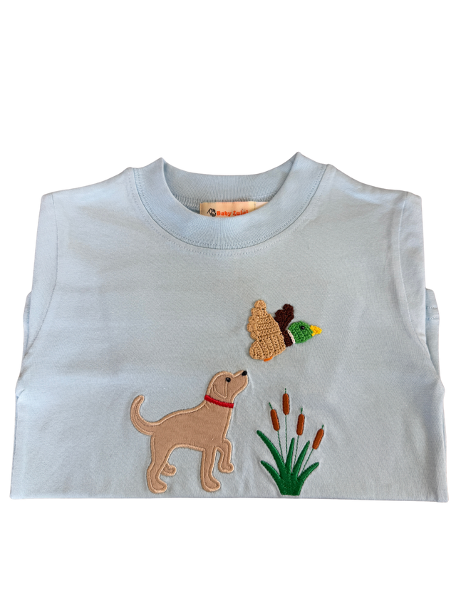 Boys LS Powder Baby Blue T-Shirt - Dog with Mallard and Cottontails