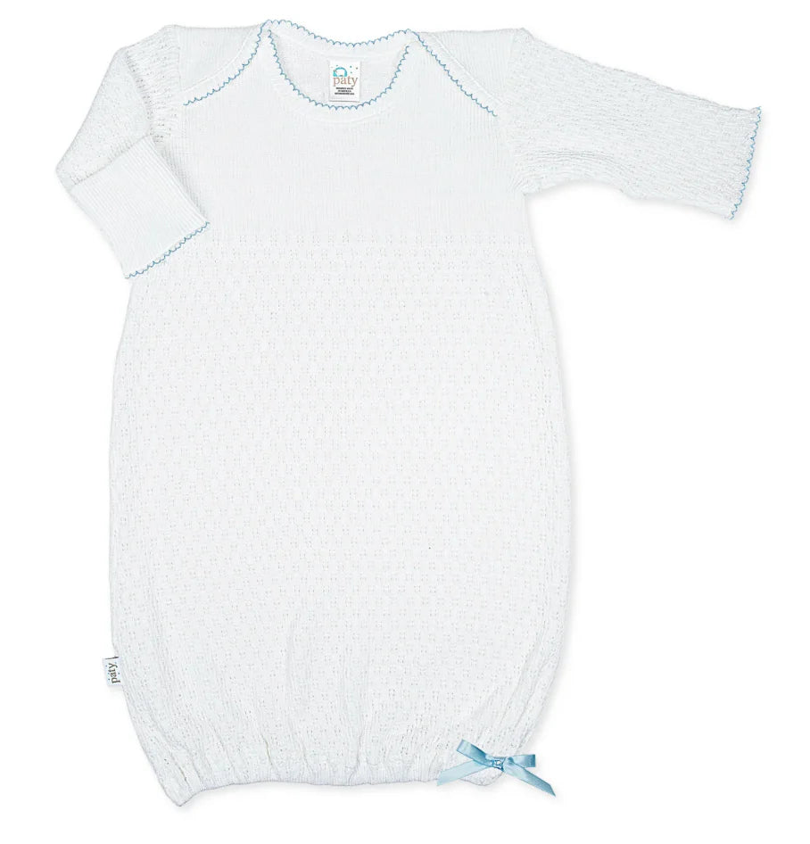 Knit Overlap Shoulder Gown With Blue Trim - Paty