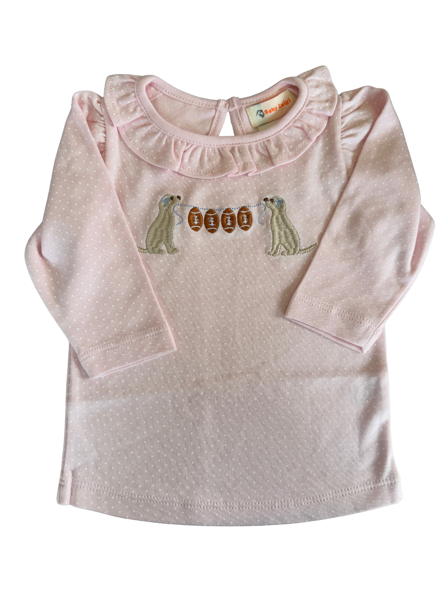 Girls Polka Dot LS Ruffled Collar Top - Labs with Footballs