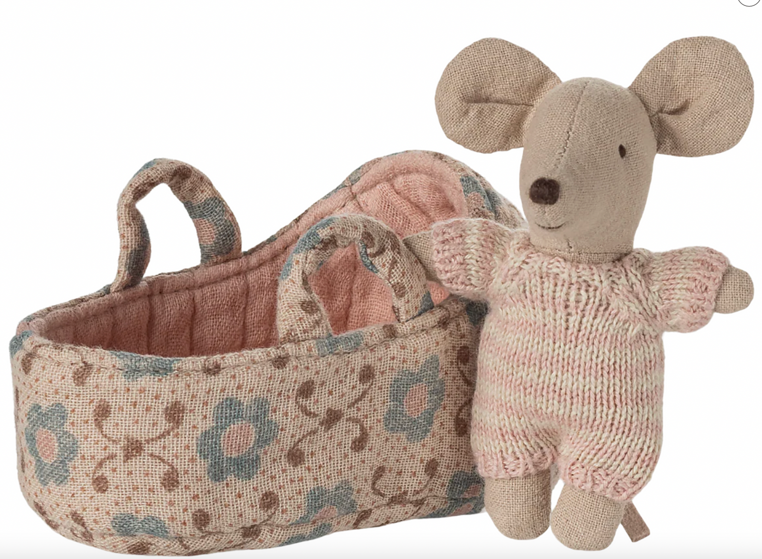 Maileg Baby Mouse In Carry Cot- Rose