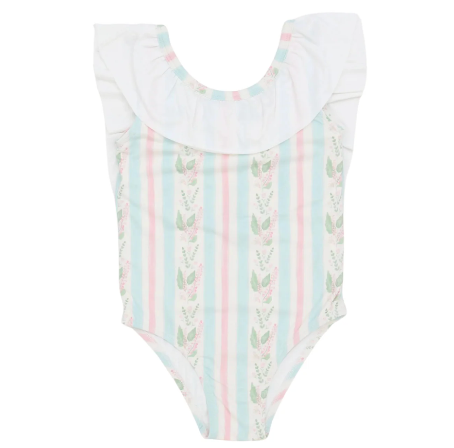 Girls Blue Floral Stripes Flutter Sleeve One Piece