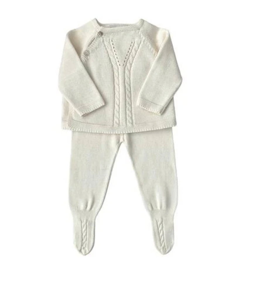 Pima Knitted Cardigan & Pant, White Celery