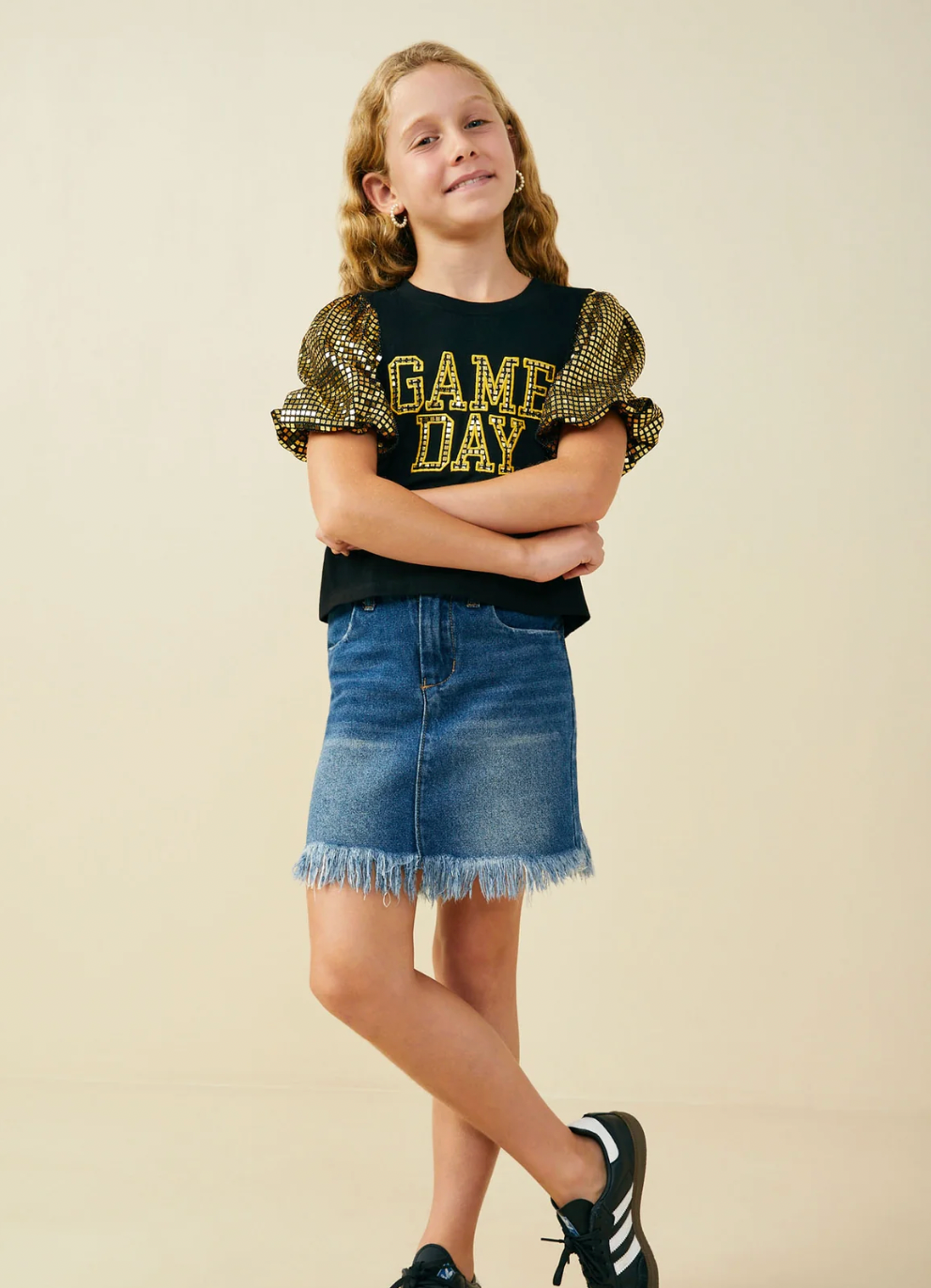 Girls Gameday Contrast Sequin Sleeve Jersey T Shirt