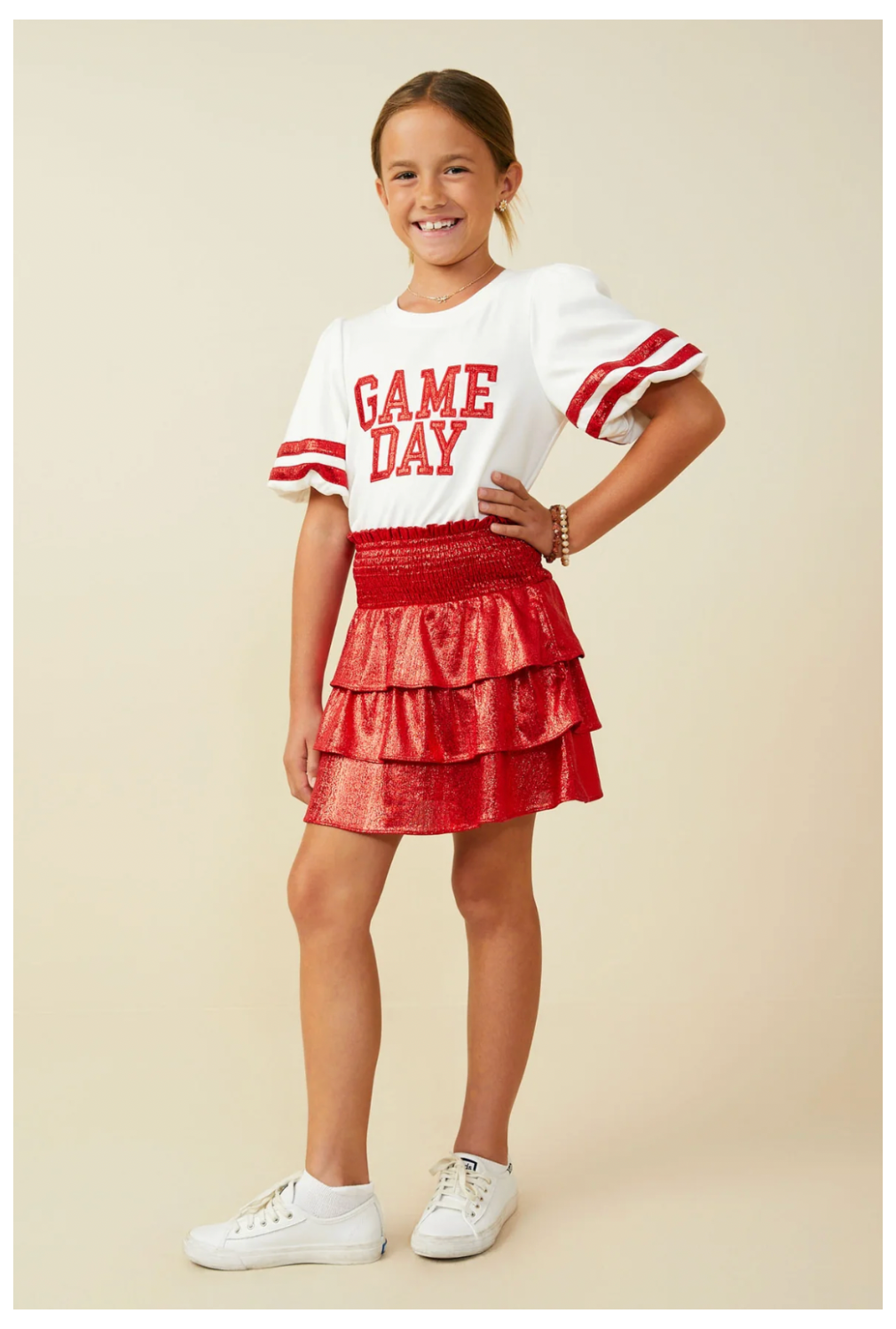 Girls Smocked Ruffle Tiered Metallic Mini Skirt