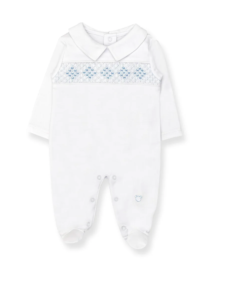 Hand Smocked Pima Playsuit - White and Blue