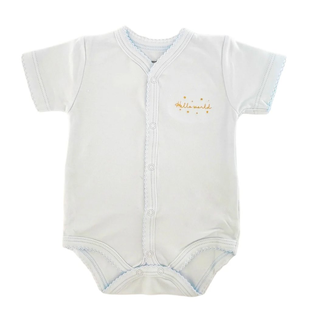 Hello World Shortsleeve Snapped Bodysuit - Blue