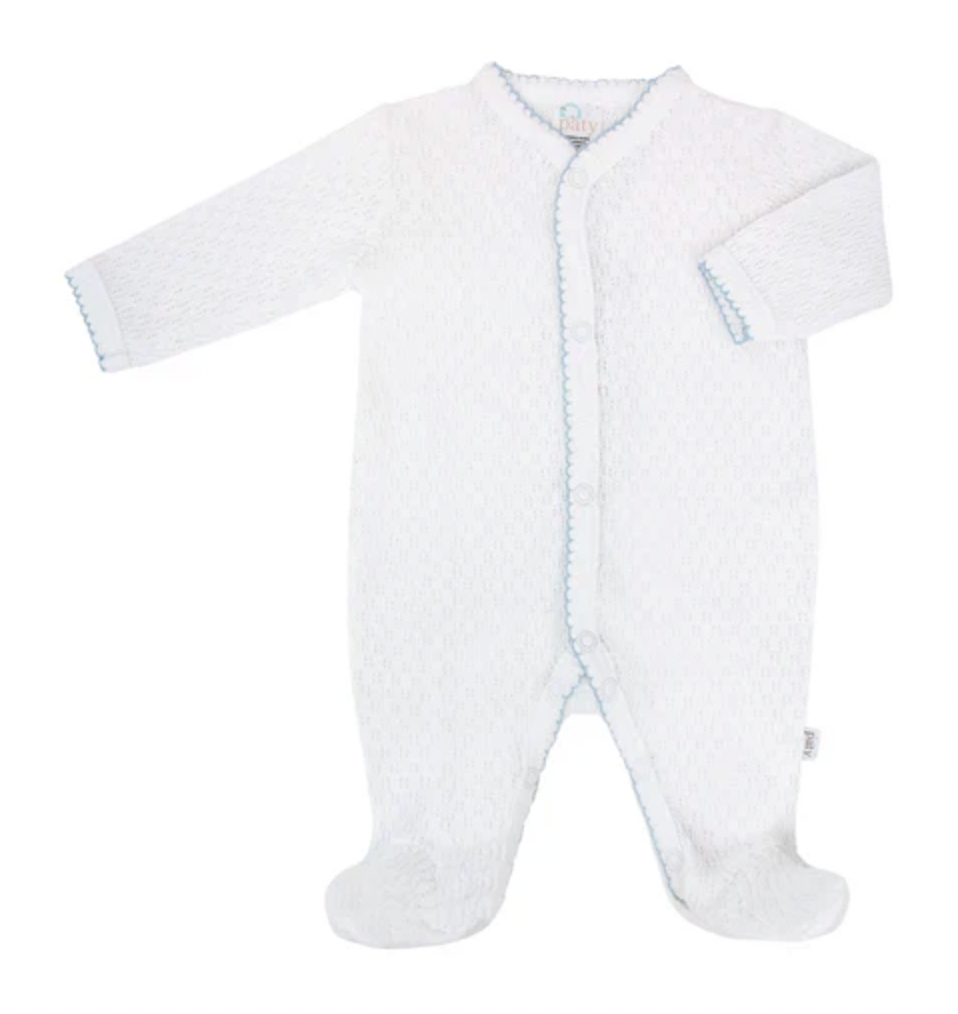 Paty Knit Footie - White with Blue Stitching