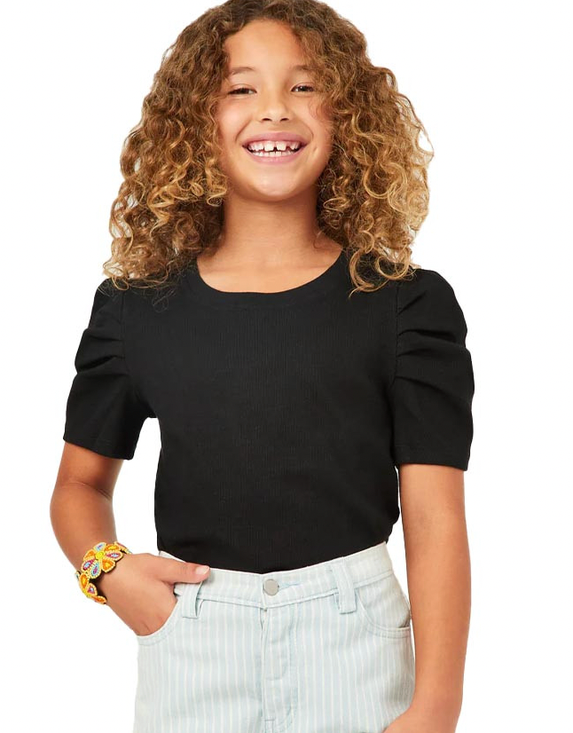 Girls Ribbed Pleated Shoulder Puff Sleeve Top