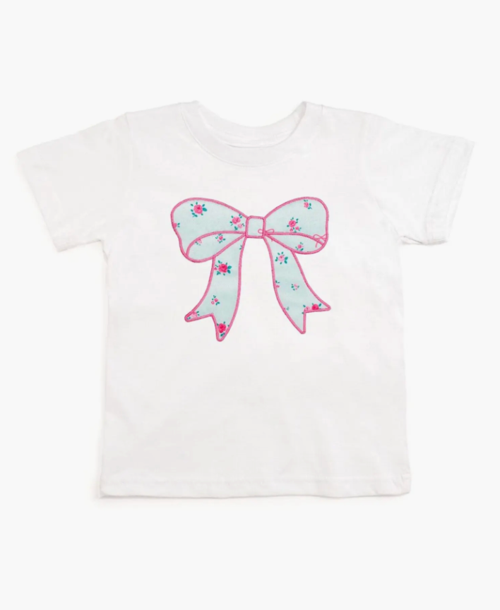 Sky Blue Floral Bow Patch Short Sleeve T-Shirt