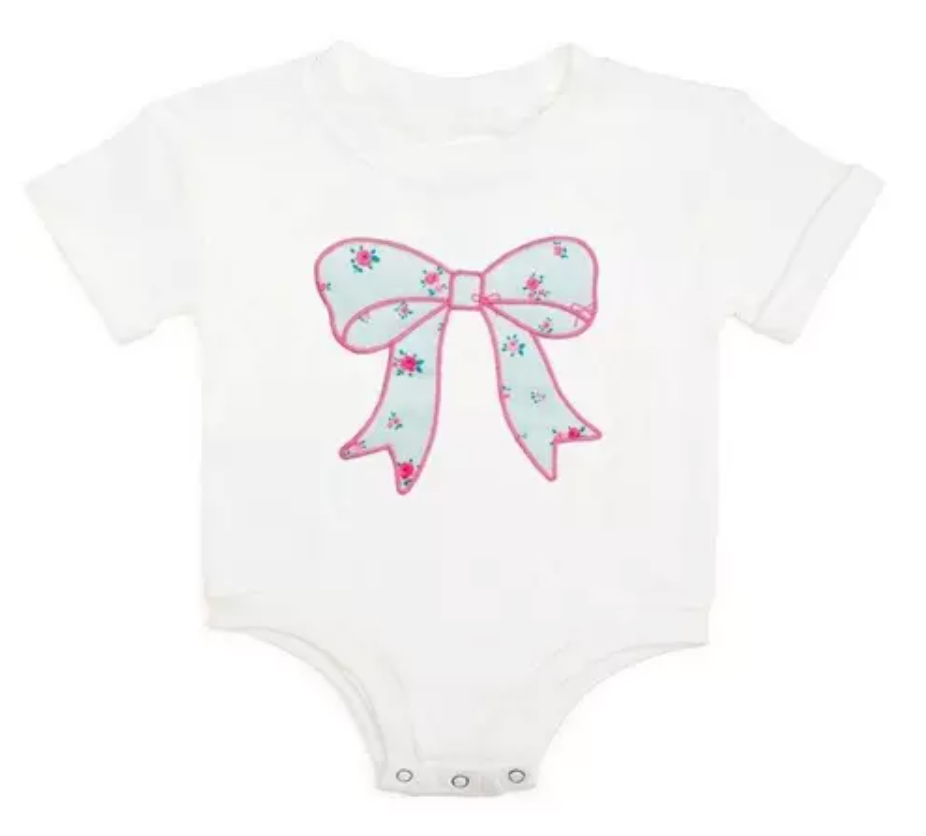 Sky Blue Floral Bow Patch Short Sleeve Romper