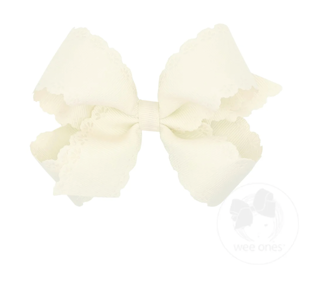 Medium Grosgrain Bow with Eyelet Flower-Embossed Edges, Antique White