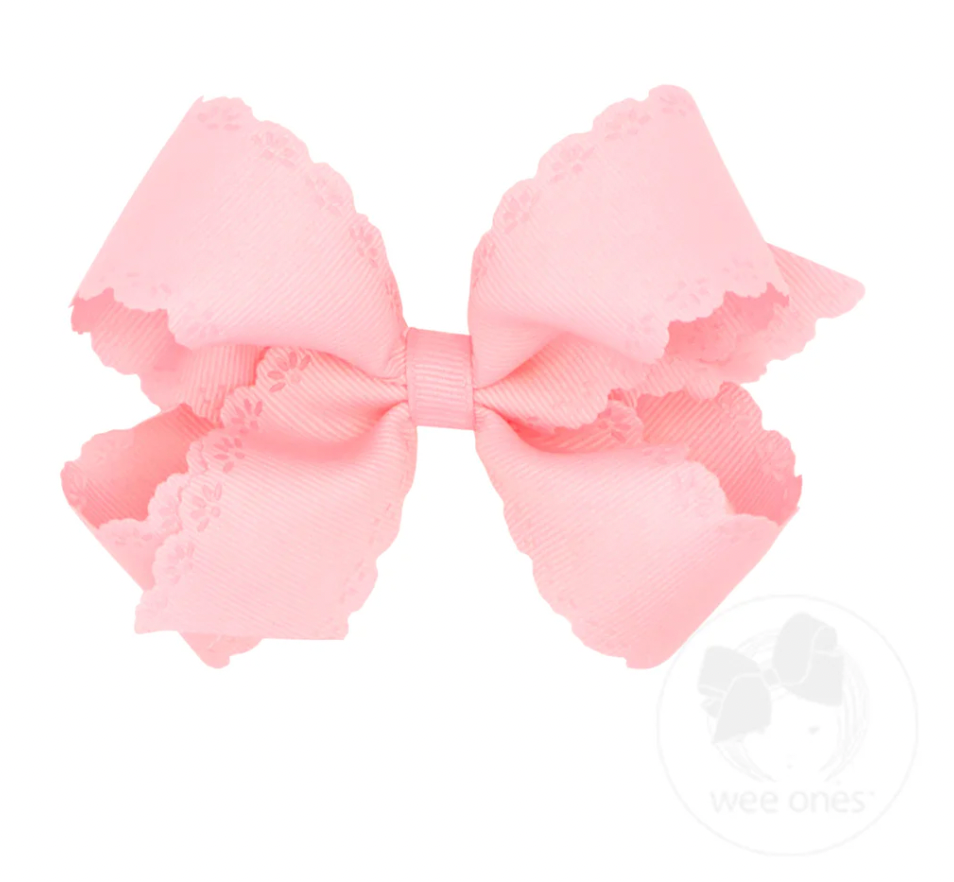 Medium Grosgrain Bow with Eyelet Flower-Embossed Edges, Light Pink