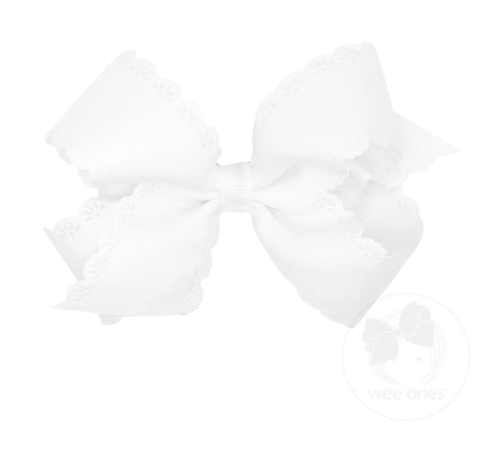 Medium Grosgrain Bow with Eyelet Flower-Embossed Edges, White