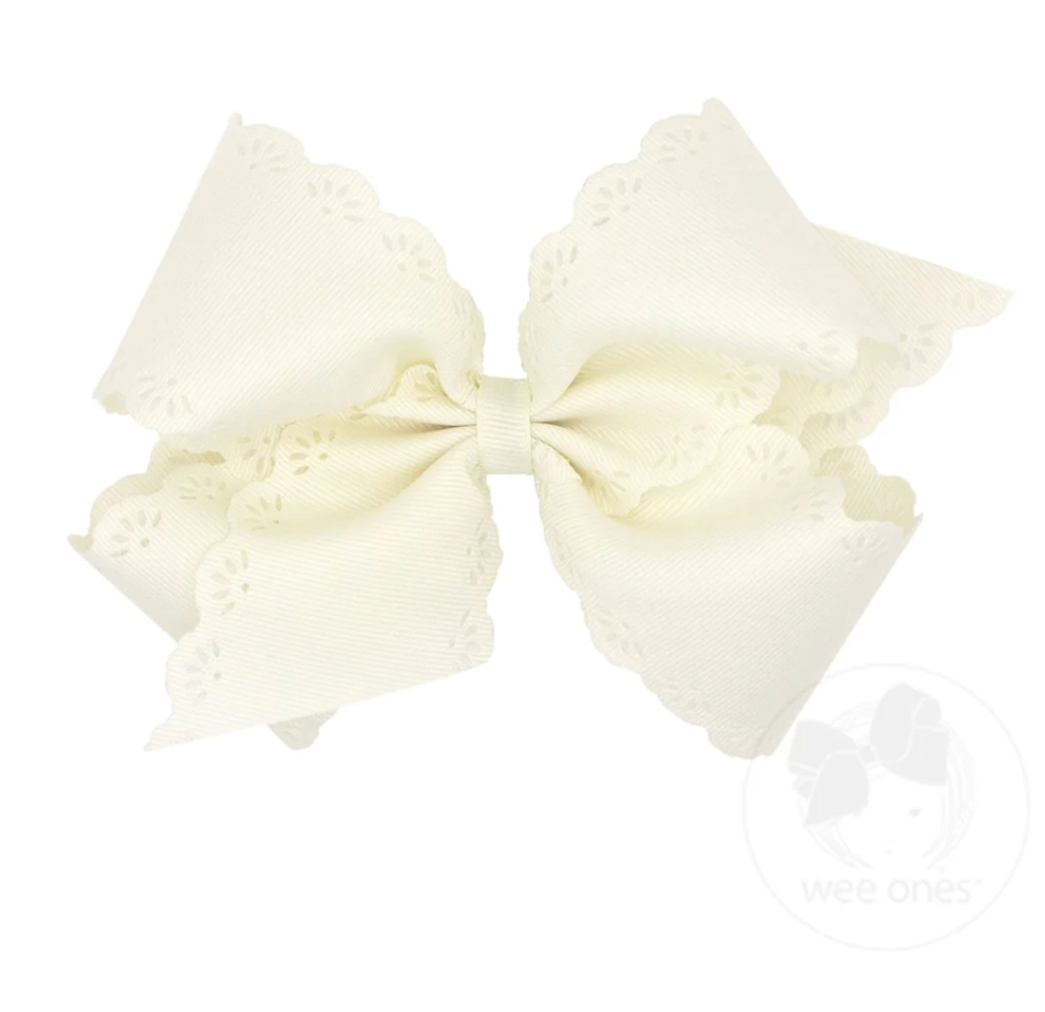 Small King Grosgrain Bow with Eyelet Flower Embossed Edges, Antique White