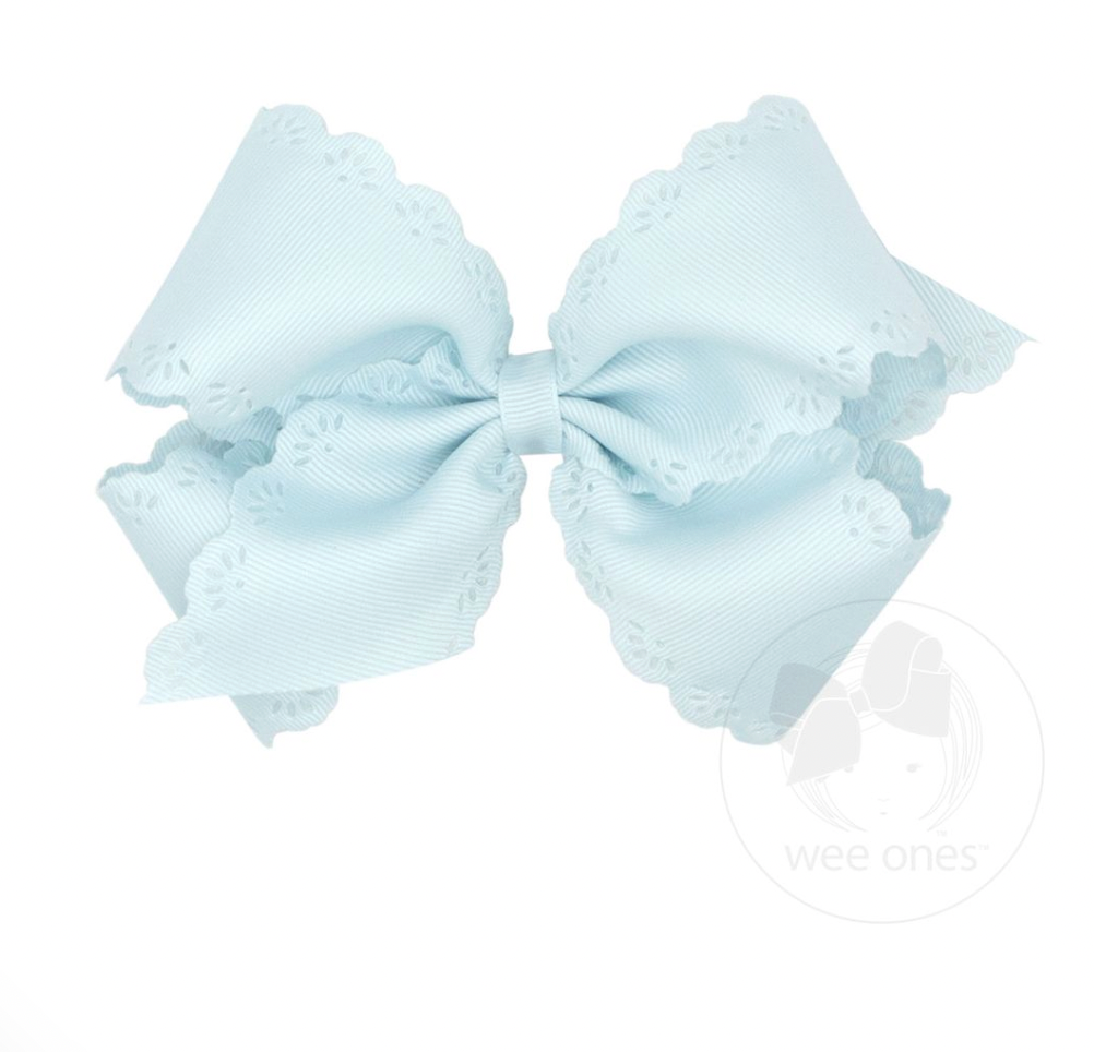 Small King Grosgrain Bow with Eyelet Flower Embossed Edges, Blue Vapor
