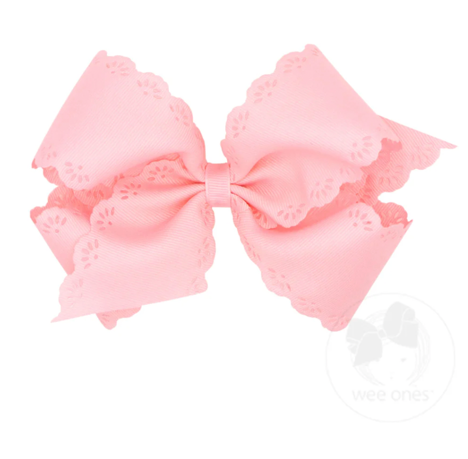 Small King Grosgrain Bow with Eyelet Flower Embossed Edges, Light Pink