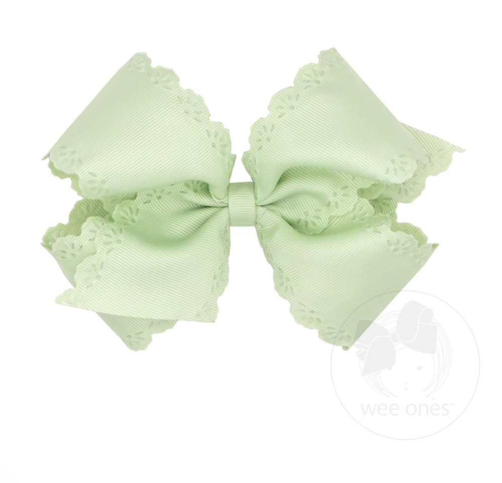 Small King Grosgrain Bow with Eyelet Flower Embossed Edges, Seafoam