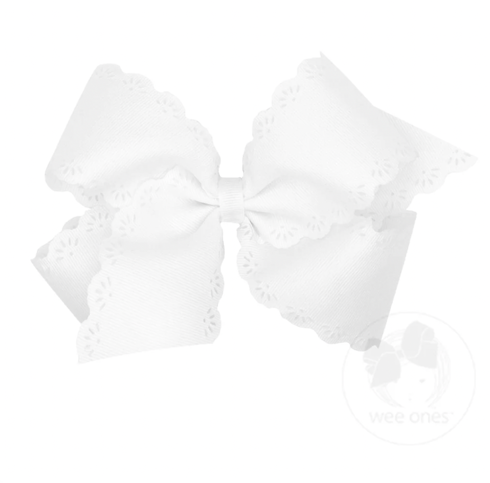 Small King Grosgrain Bow with Eyelet Flower Embossed Edges, White