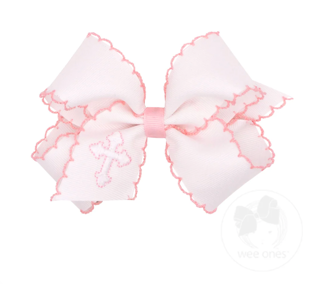 Medium White Grosgrain Hair Bow with Moonstitch Edge and Cross Embroidery on Tail, White & Light Pink