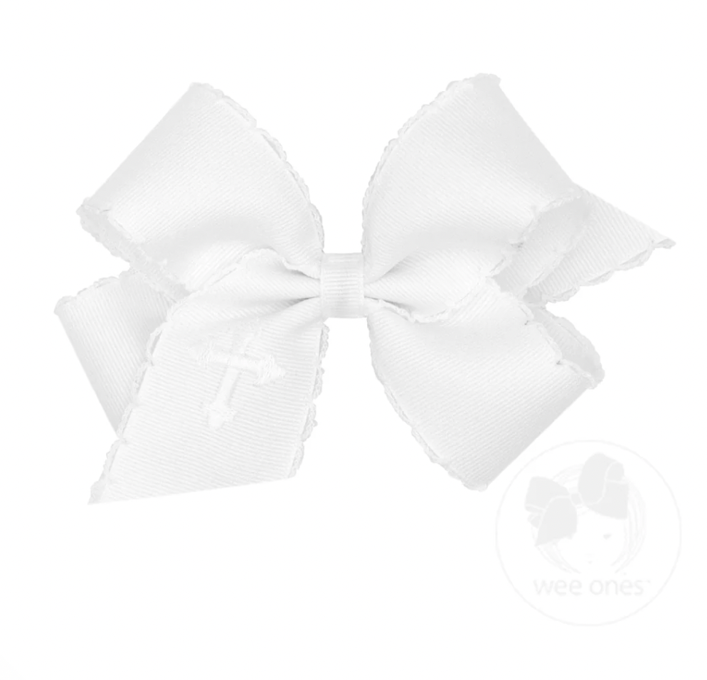 Medium White Grosgrain Hair Bow with Moonstitch Edge and Cross Embroidery on Tail, White