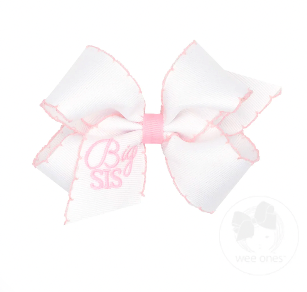 Medium Grosgrain Hair Bow with Light Pink Moonstitch Edge and Big Sis Embroidery