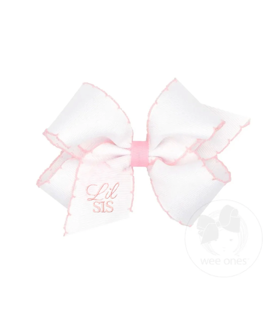 King Grosgrain Hair Bow with Light Pink Moonstitch Edge and Lil Sis Embroidery