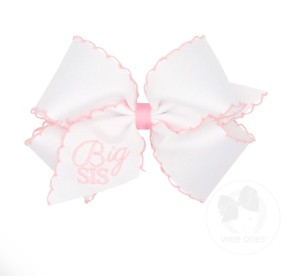 King Grosgrain Hair Bow with Light Pink Moonstitch Edge and Big Sis Embroidery