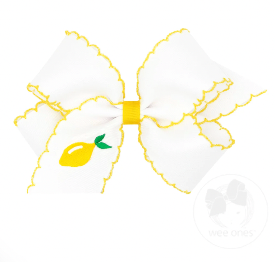 Medium Lemon Embroidered Moonstitch Edge Hair Bow