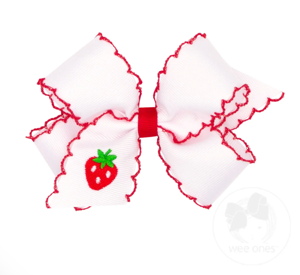 Medium Strawberry Embroidered Moonstitch Edge Hair Bow